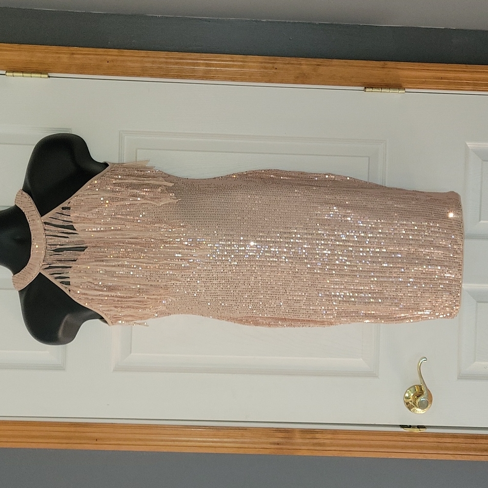 **NWT** Sequin halter fringe front bodycon dress